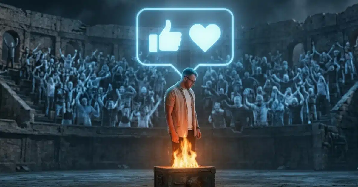 a coliseum where a roaring holographic crowd cheers an empty spectacle while the real prize sits in shadow, Jamie ignoring the noise and looking at the thing that actually pays.