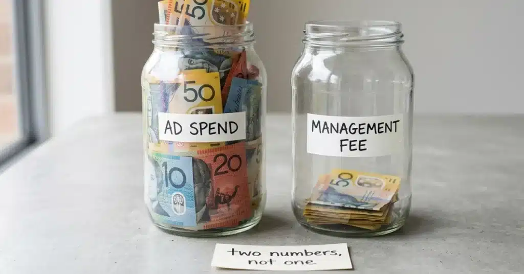 Two labelled jars splitting Google Ads ad spend from management fee.