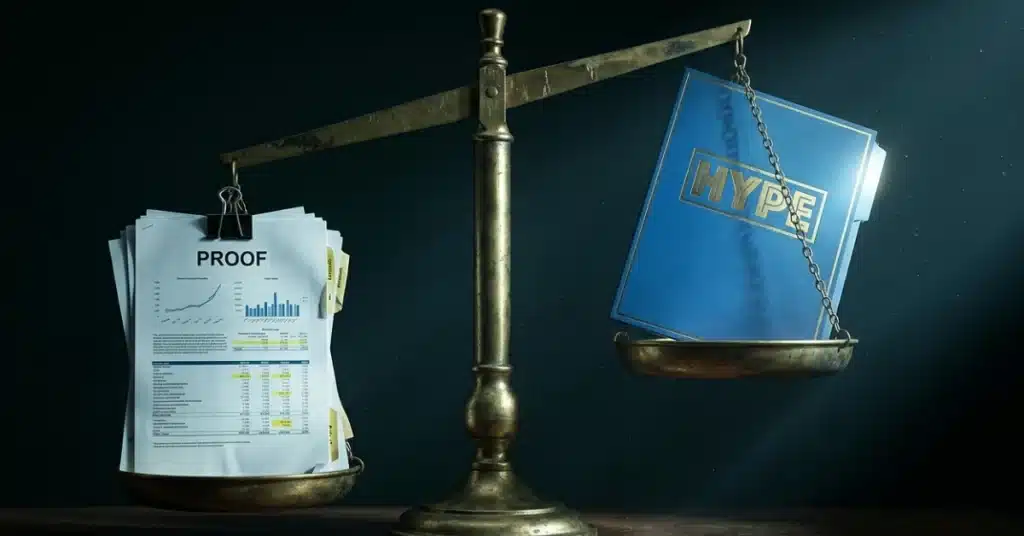 Balance scale weighing proof against hype when choosing a Google Ads agency.