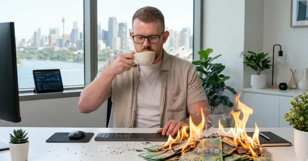 Google Ads agency vs freelancer choice shown as a man calmly working at a desk on fire with money