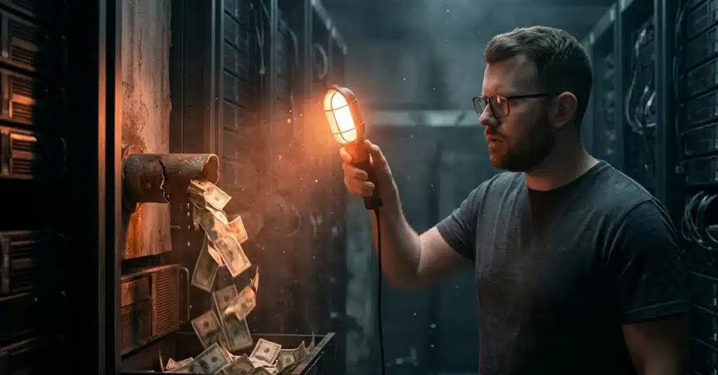 Specialist using a lamp to reveal a hidden budget leak in a dark server hall, illustrating how to tell if Google Ads are managed well.