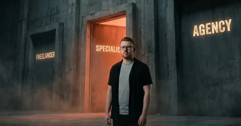 Person choosing the lit specialist door among three, comparing Google Ads specialist, agency and freelancer.
