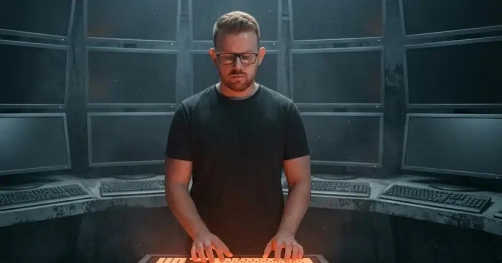 Google Ads specialist operating the one live console in a dark control room, illustrating what a specialist does.