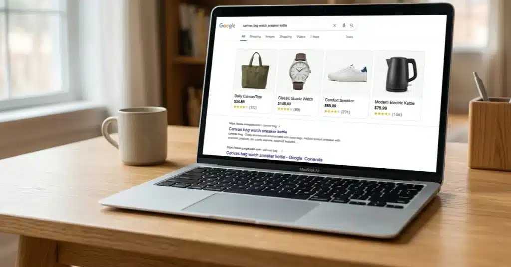 Example of google shopping ads product tiles at the top of Google search results.