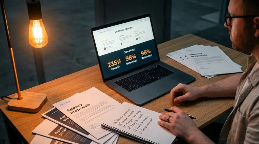 Business owner checking case studies and reviews before choosing a marketing agency