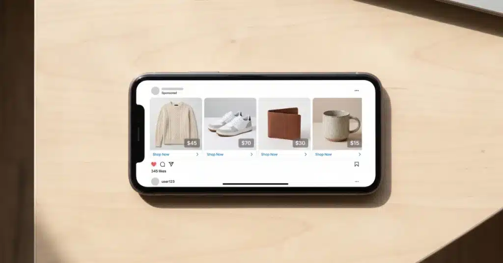 Example of a catalogue ads carousel showing products with price overlays in a social feed.